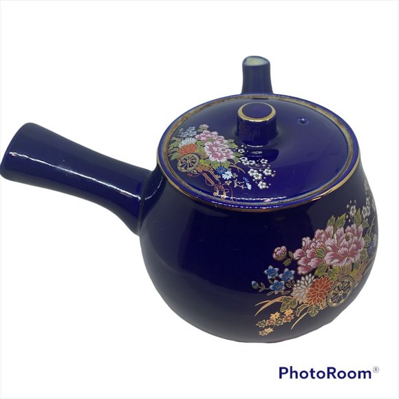 Vintage Japan Saki Cobalt Blue Porcelain Side Handle Tea Pot - Picture 2 of 8